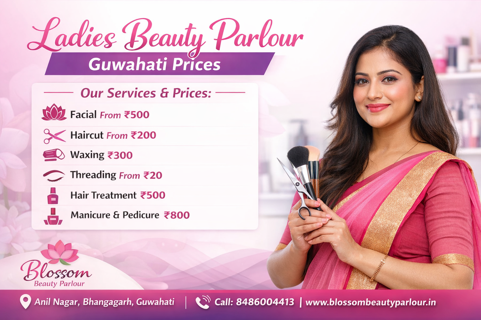 Ladies beauty parlour Guwahati prices list at Blossom Beauty Parlour Anil Nagar